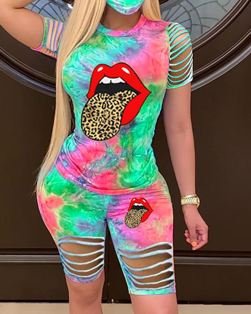 

Tie Dye Lip Cheetah Print Cutout Sleeve Top & Cutout Shorts Set, Green
