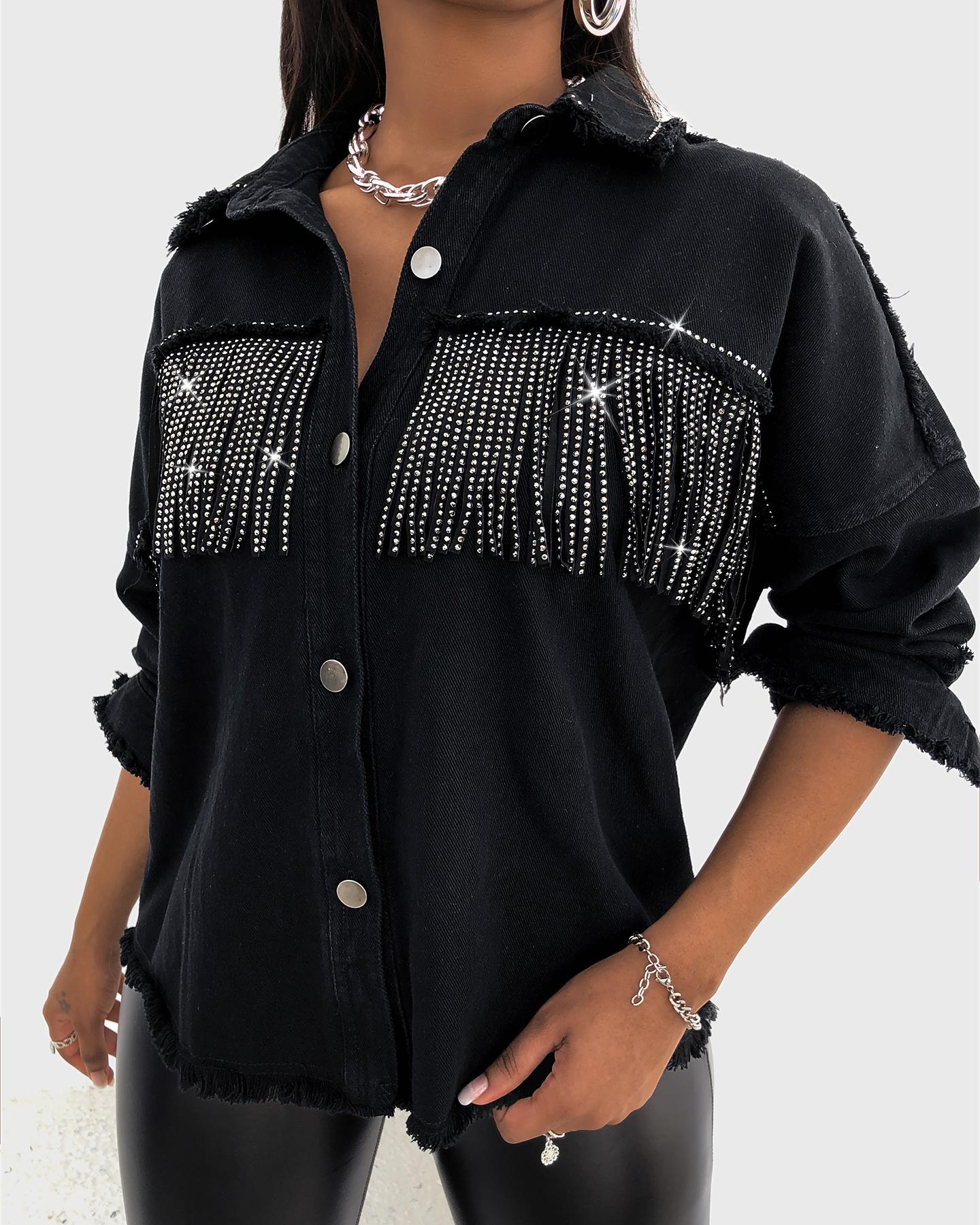 

Rhinestone Tassel Design Casual Shirt, Black