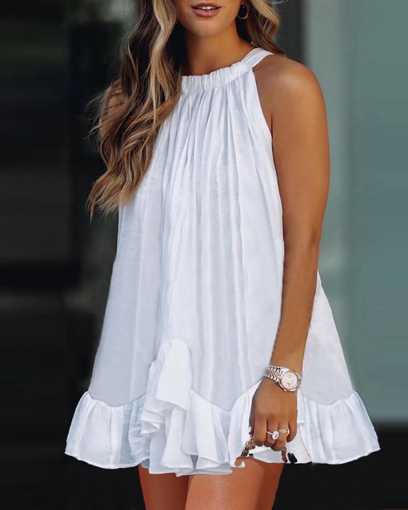

Halter Sleeveless Ruffles Trim Swing Dress, White