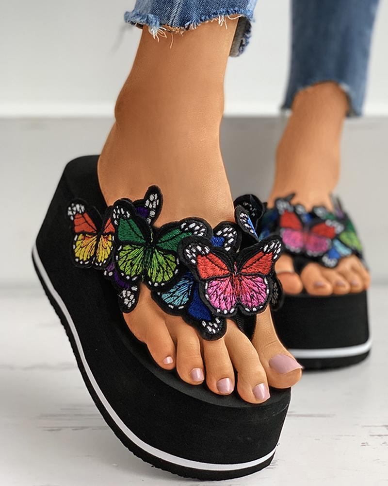

Butterfly Pattern Toe Post Wedge Heeled Sandals, Black