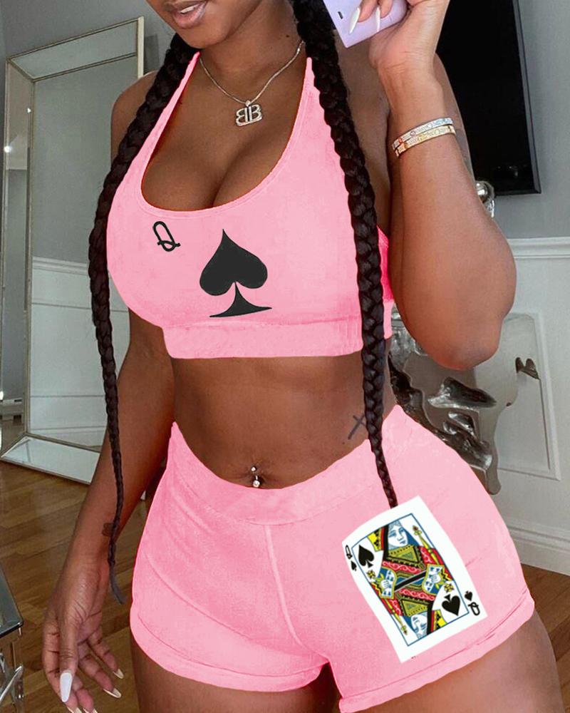 

Poker Print Crop Top & Shorts Set, Pink