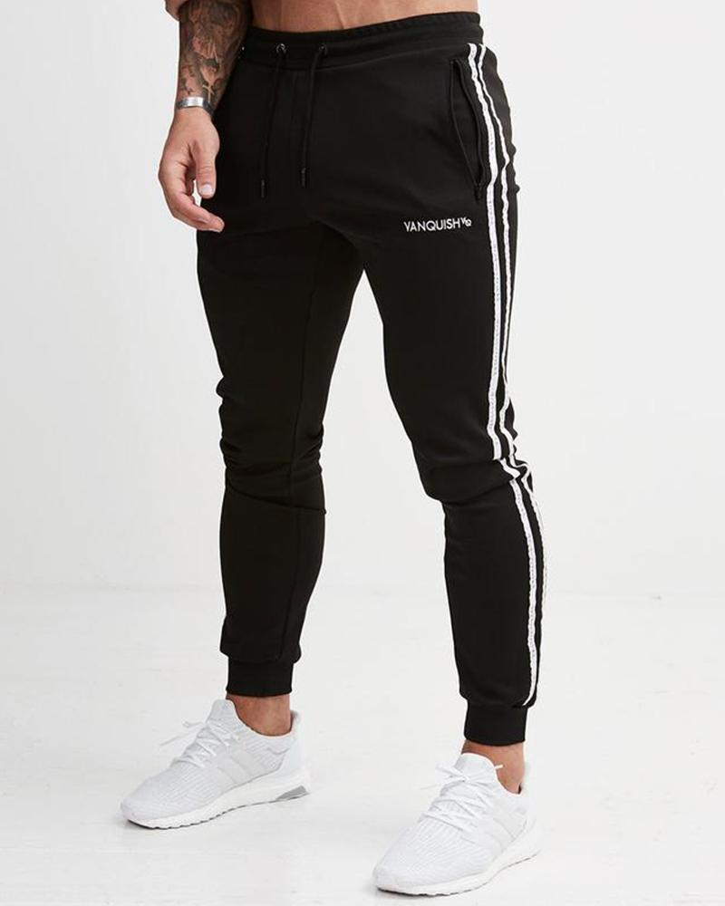 

Letter Printing Striped Skinny Sweatpants, Black