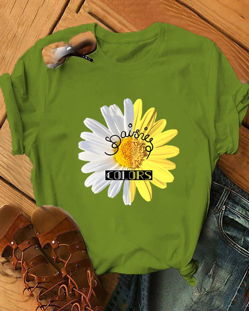 

Daisy Print Short Sleeve Loose T-shirts, Green
