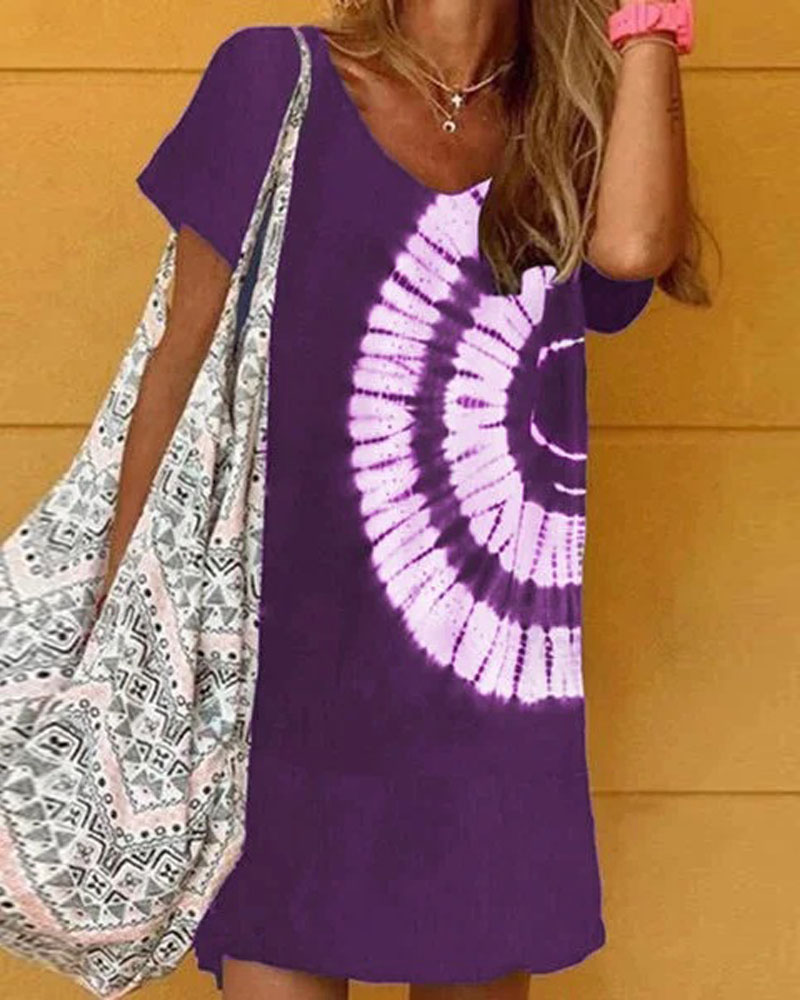 

Tie Dye Print V-Neck Casual Dress, Purple