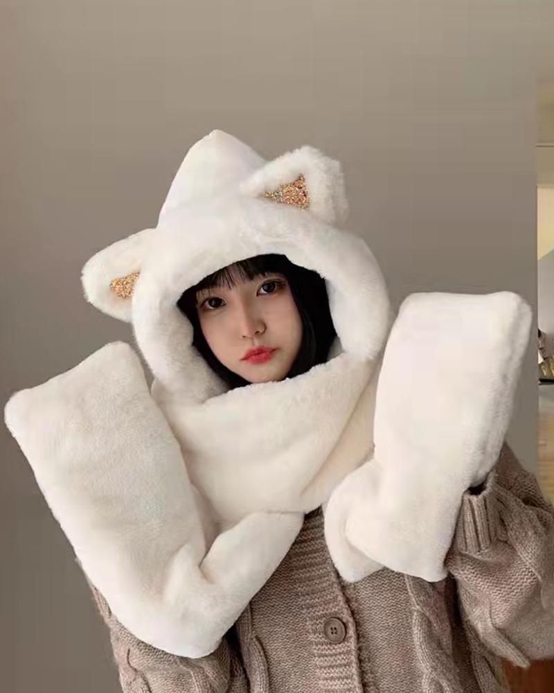 

3 In 1 3D Ear Fluffy Hat With Scarf & Gloves, White