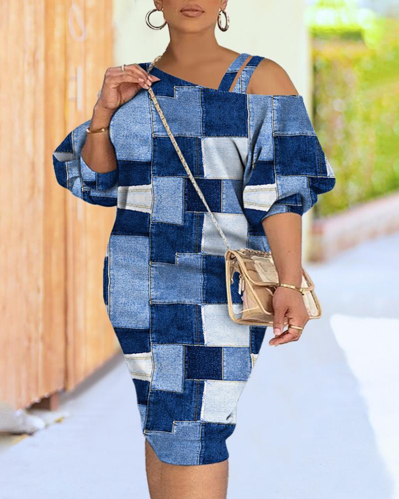 

Plus Size Denim Look Print Cold Shoulder Casual Dress, Blue