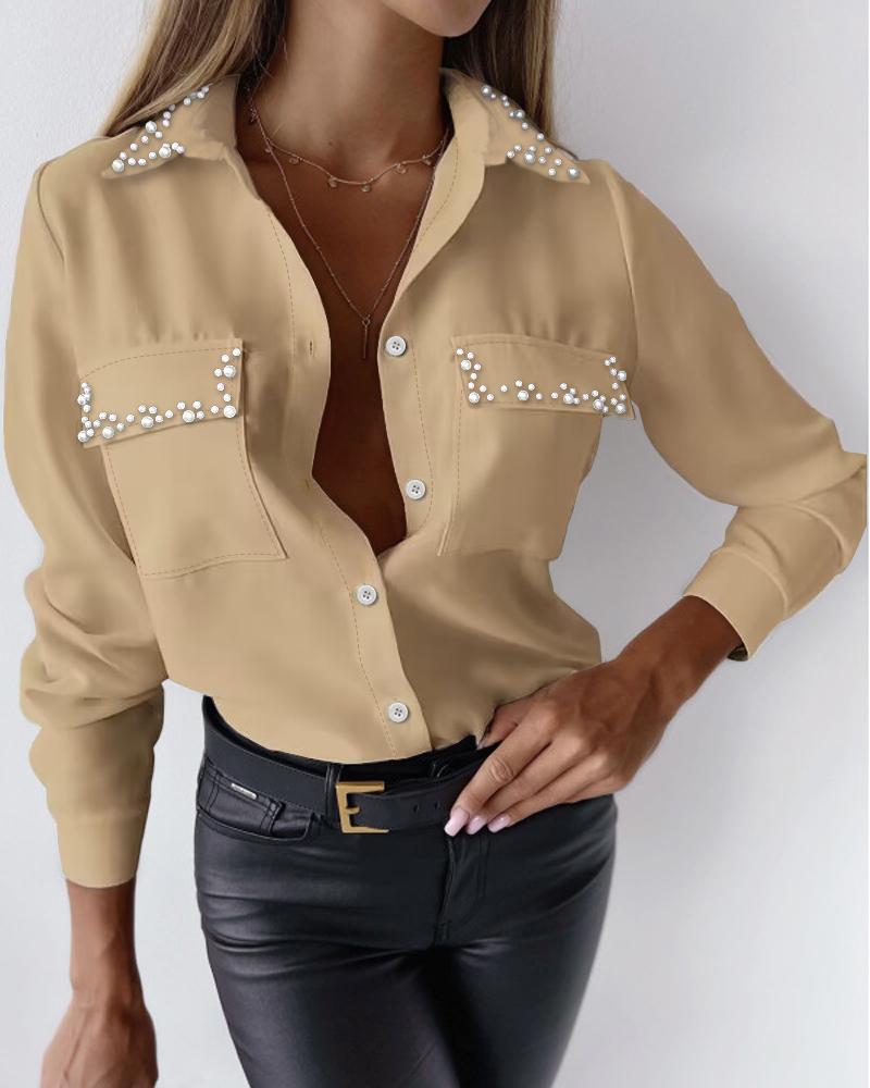 

Beaded Buttoned Pocket Design Top, Khaki