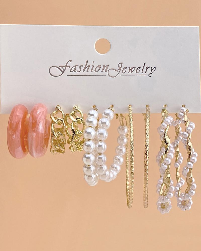

5Pairs Beaded Chain Hoop Earrings Set, Gold