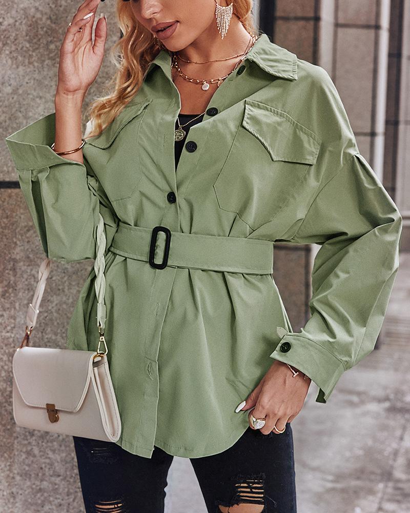 

Long Sleeve Button Design Trench Coat With Belt, Green