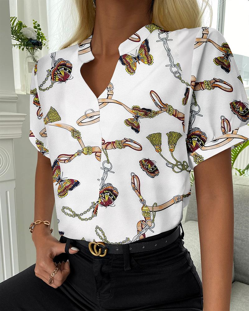 

Chain Print V-neck Short Sleeve Casual Shirt, White