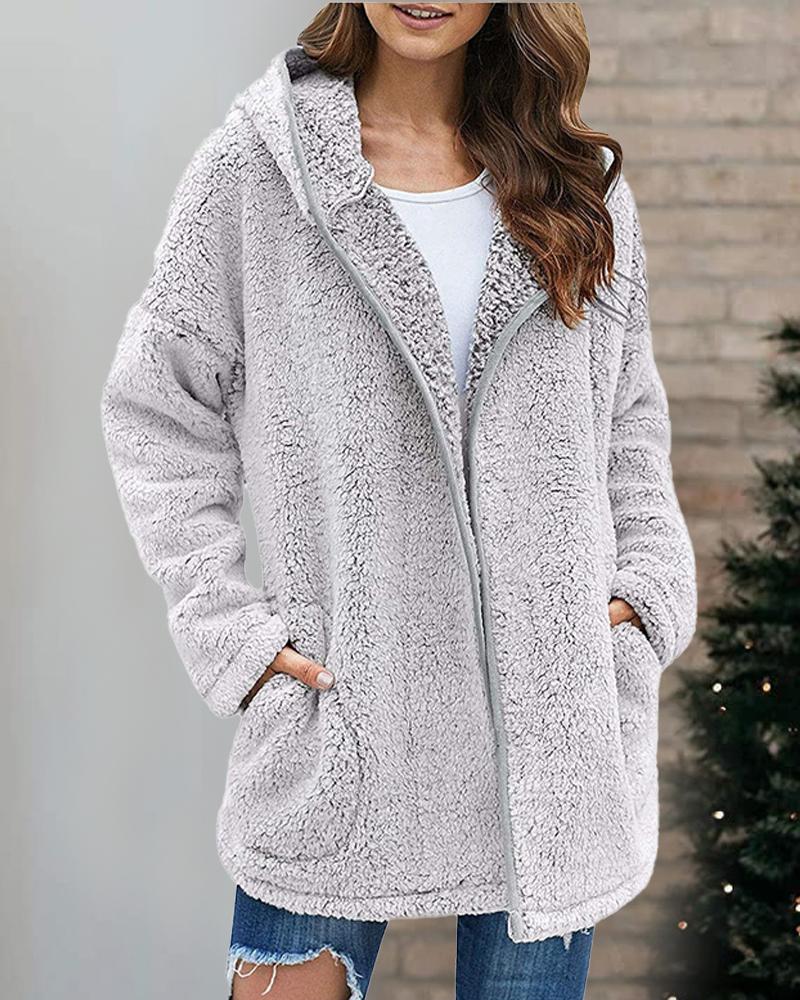 

Long Sleeve Hooded Teddy Coat, Light gray