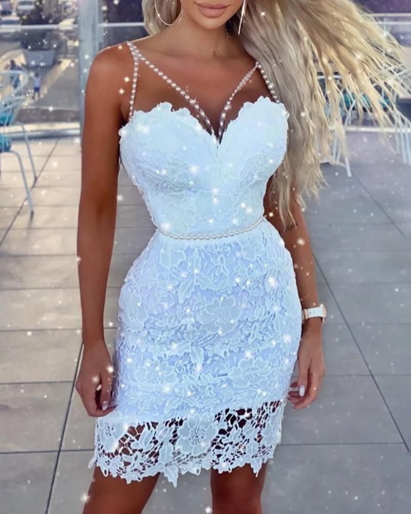 

Cutout Spaghetti Strap Guipure Lace Dress, White