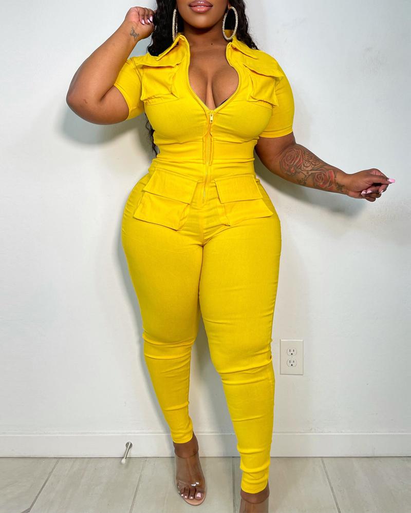 

Plus Size Pocket Detail Zip Front Jumpsuit, Yellow