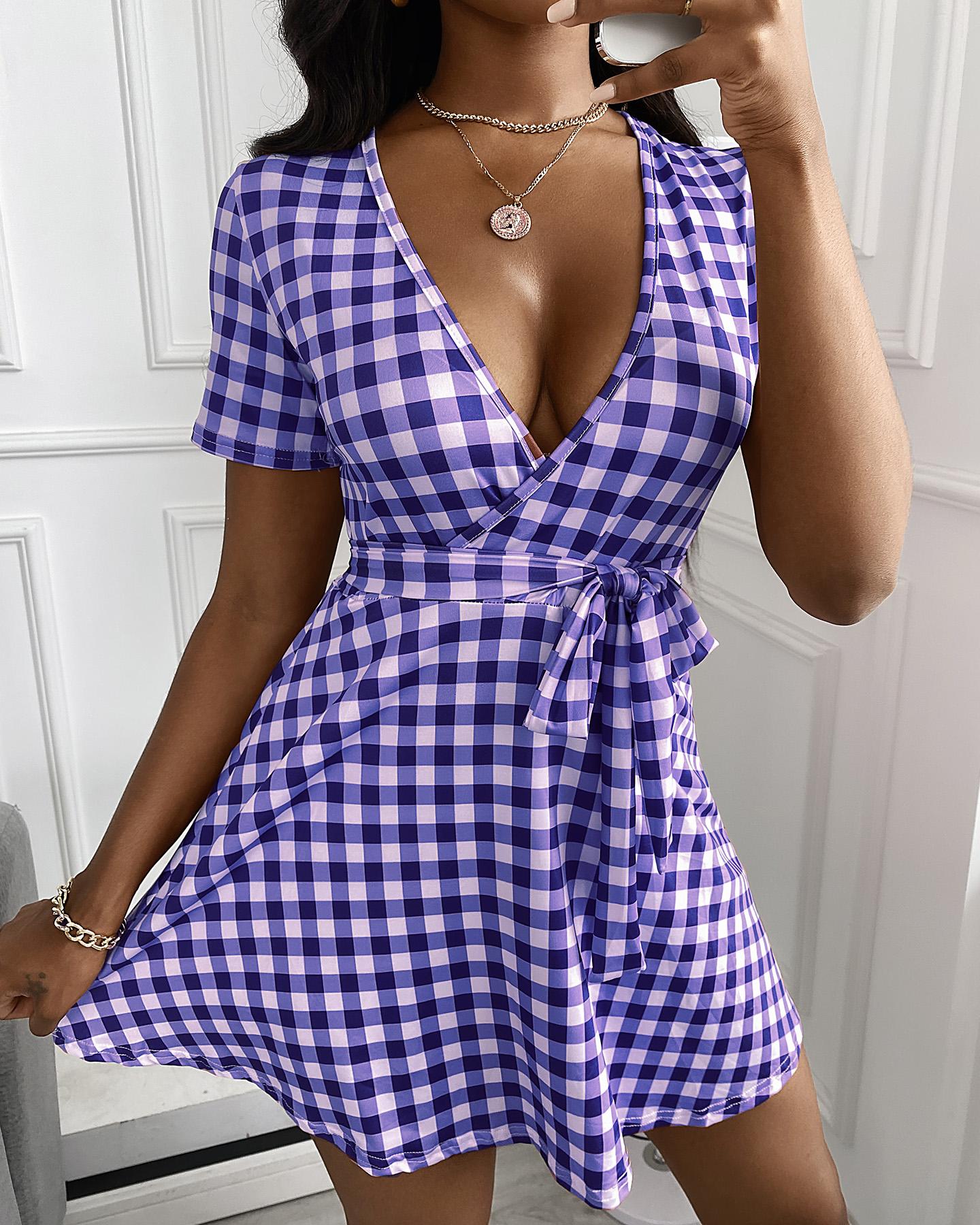 

Plaid Strap Sleeveless Skinny A-line Mini Dress, Blue