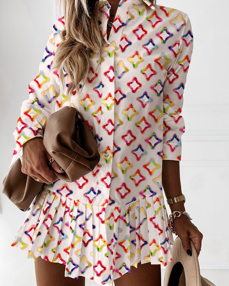 

Geo Pattern Print Pleated Buttoned Shirt Dress, Multicolor