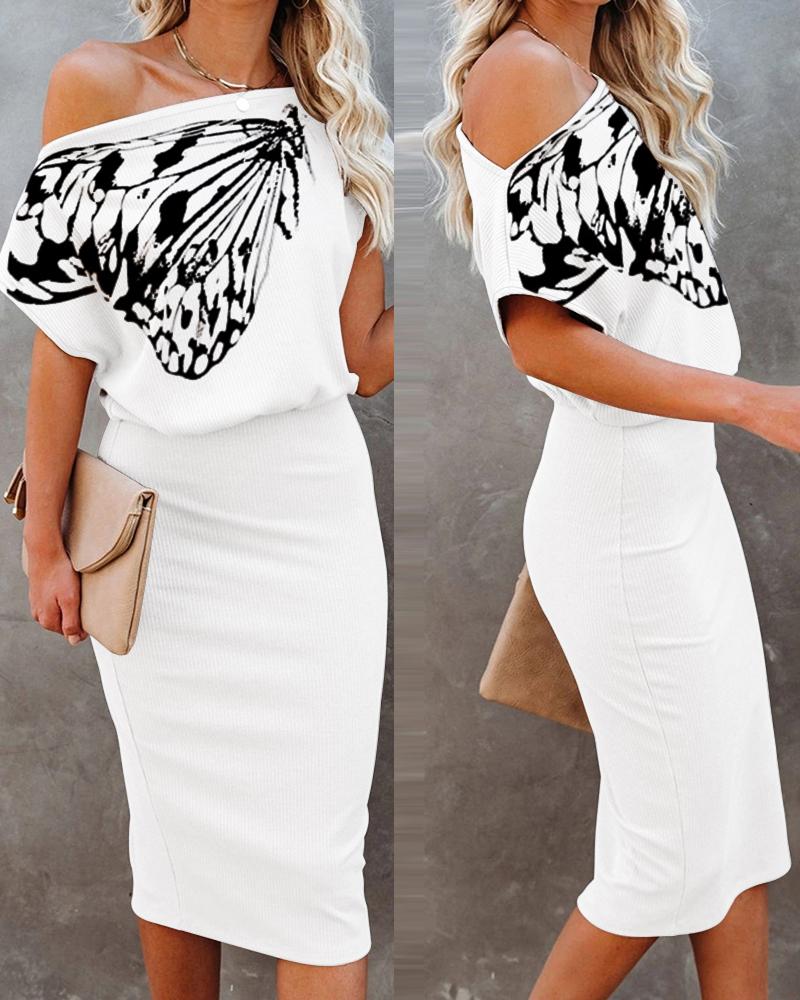 

Butterfly Print Short Sleeve Casual Dress, White