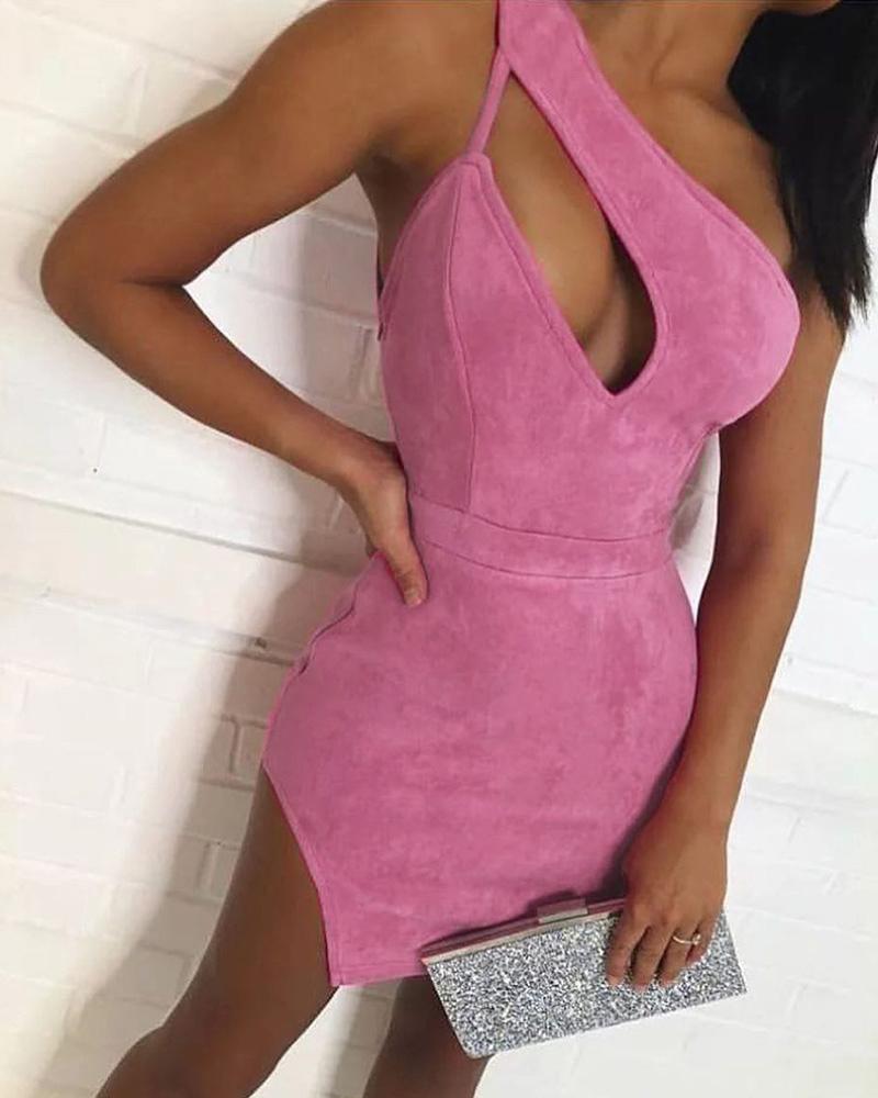 

One Shoulder Cutout Slit Bodycon Dress, Hot pink