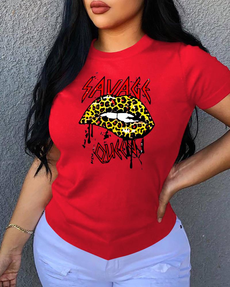 

Lip / Letter / Leopard Print O Neck T-Shirt, Red