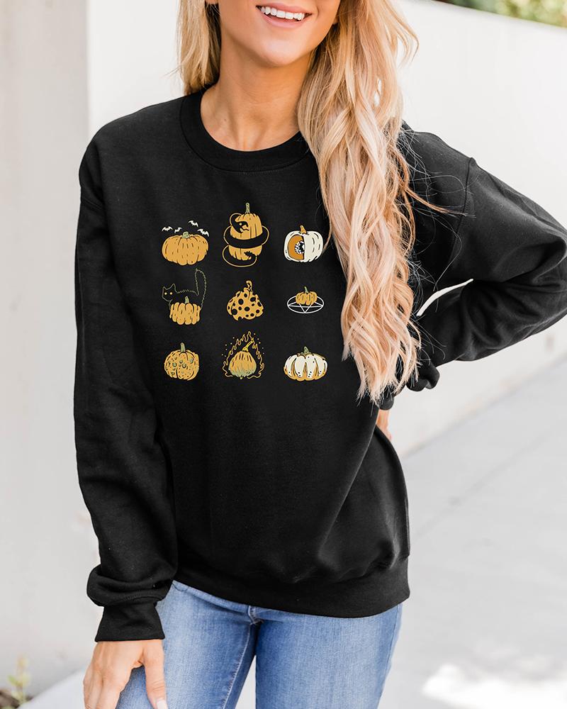 

Halloween Pumpkin Snake Batwing Cat Print Sweatshirt, Black