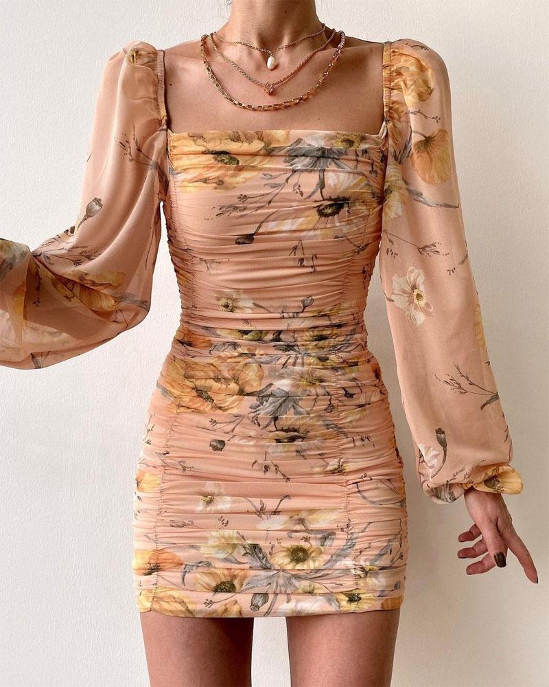 

Floral Print Lantern Sleeve Ruched Bodycon Dress, Orange