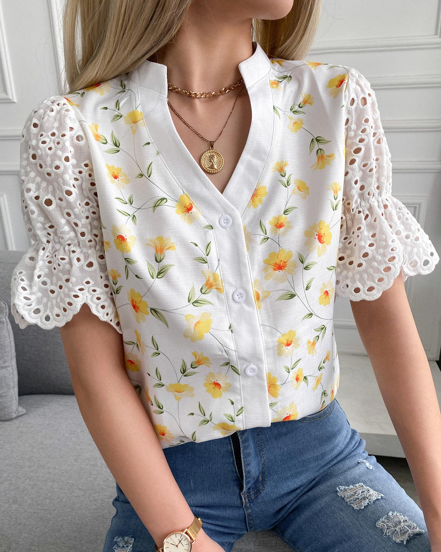 

Floral Print Eyelet Embroidery Ruffles Top, White