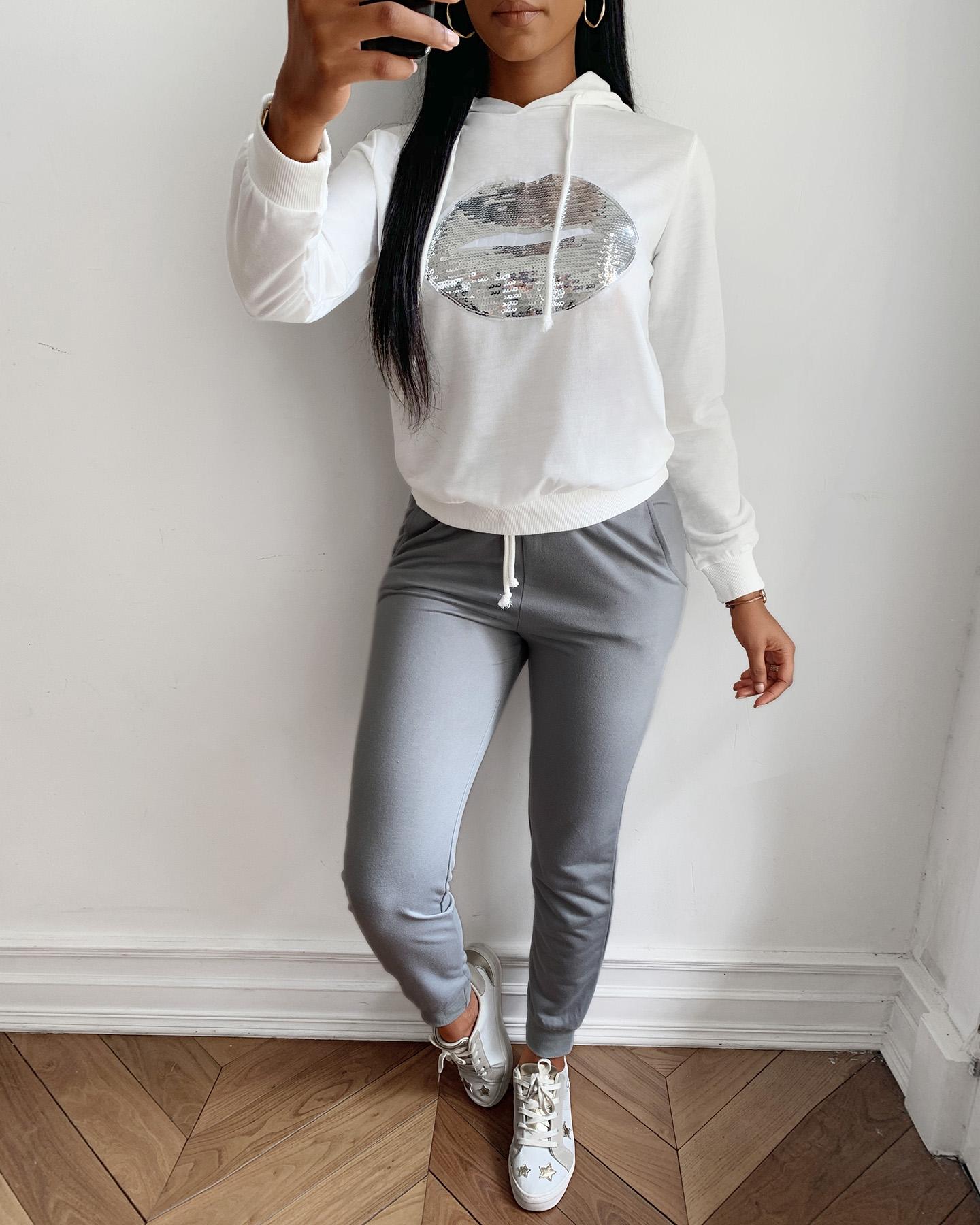 

Sequins Hooded Top & Drawstring Design Pant Sets, Gray