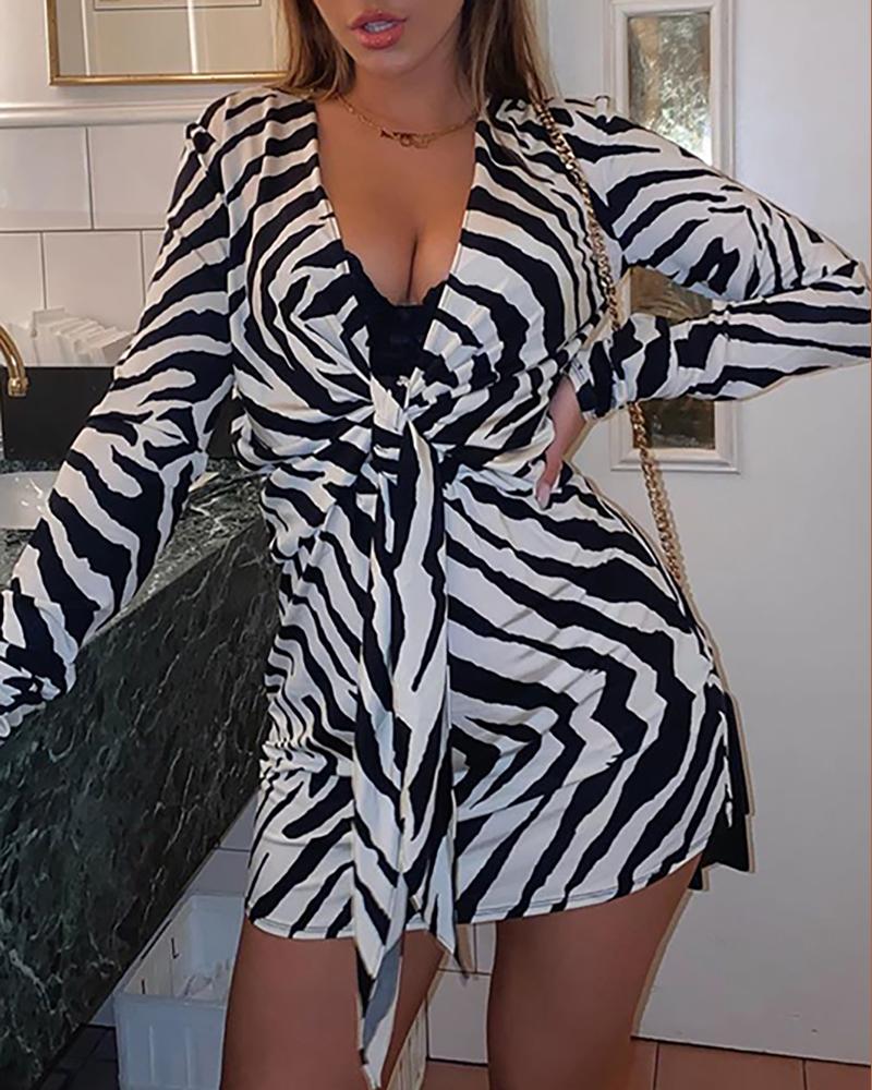 

Plunge Zebra Striped Print Tied Detail Bodycon Dress, White