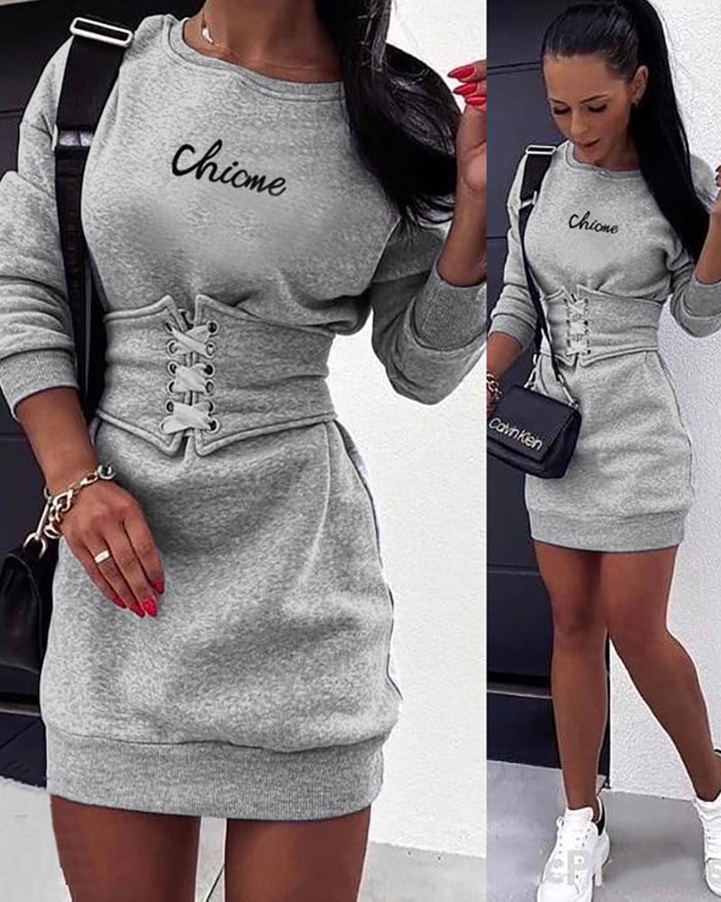 

Letter Print Sweatshirt Dress With Eyelet Lace-up Corset, Light gray