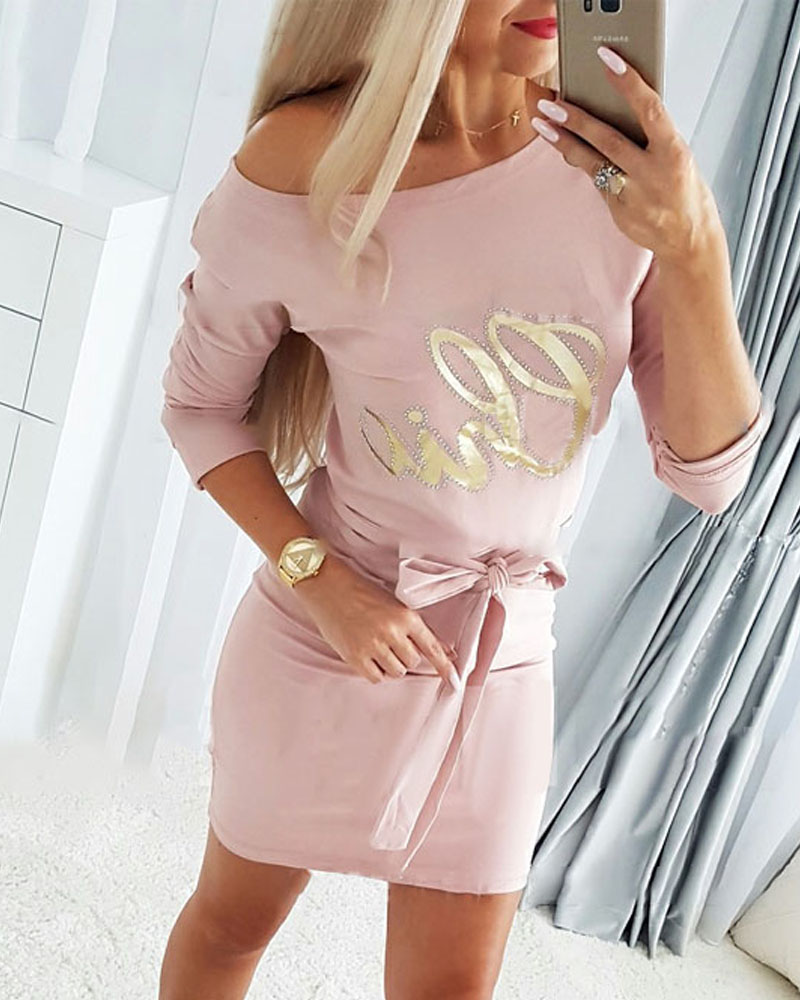 

Rhinestone Letter Pattern Belted Bodycon Dress, Pink