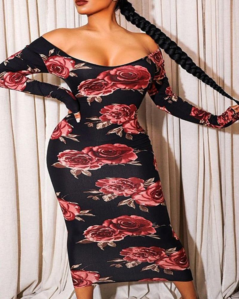 

Plus Size Floral Print Off Shoulder Bodycon Dress, Black