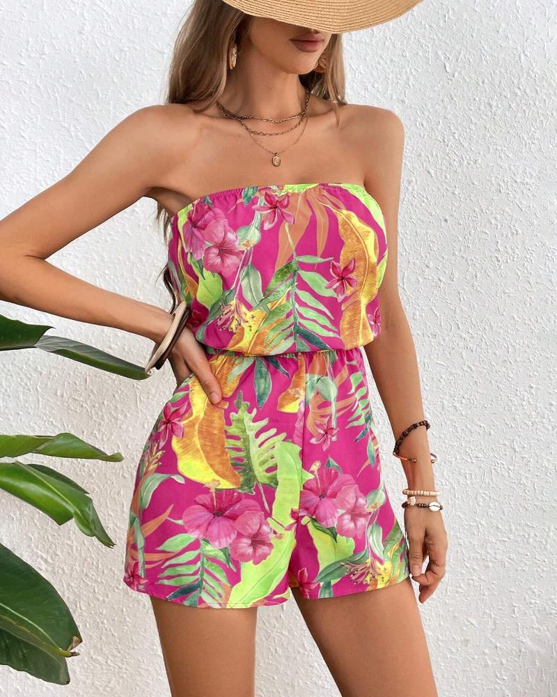 

Floral Print Bandeau Sleeveless Romper Casual High Waist Holiday Jumpsuit, Hot pink