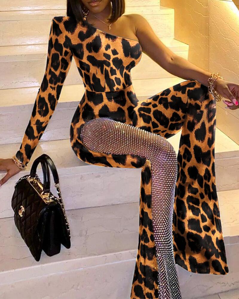 

Leopard Print One Shoulder Rhinestone Flare Leg Skinny Jumpsuit