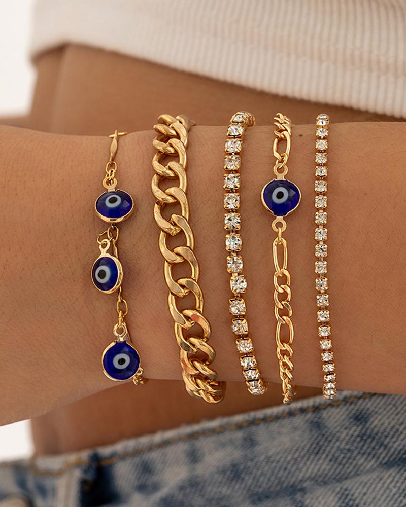 

5pcs Blue Eye Geometric Stackable Chain Bracelets Set, Gold