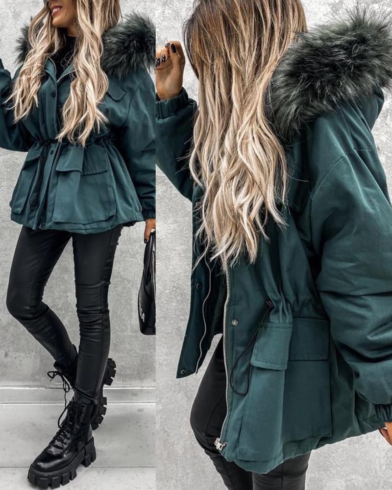 

Women's Parka Casual Winter Long Coat Zipper Design Drawstring Lined Faux Fur Collar Jacket, Green