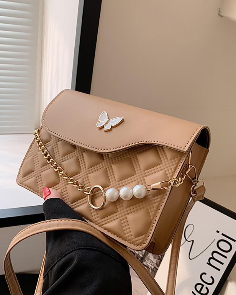 

Pearls Chain Decor Butterfly Pattern Quilted Crossbody Bag, Khaki