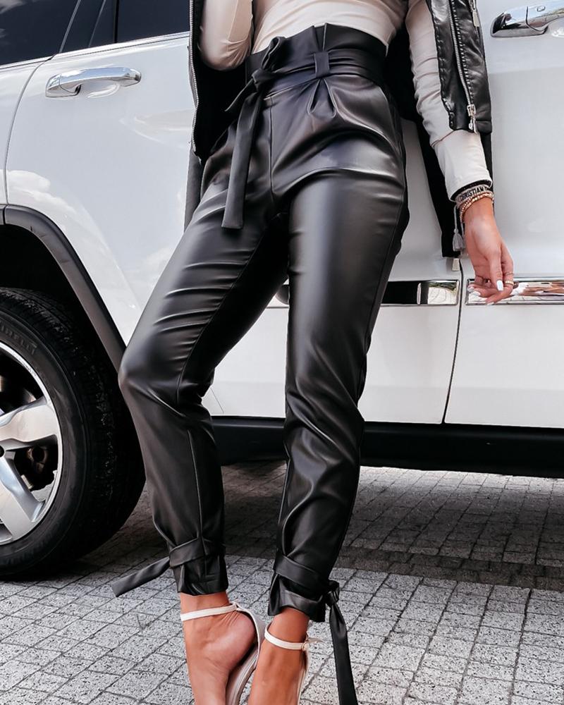 

Solid PU Leather Belted Skinny Pants, Black