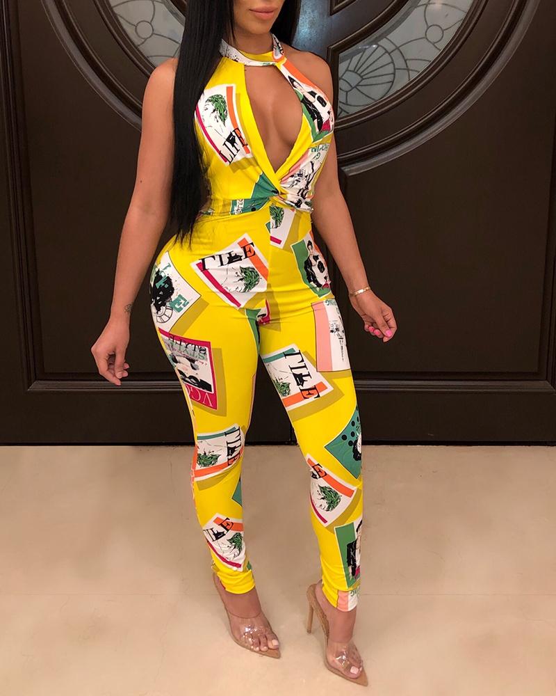 

Halter Cutout Characters Printed Open Back Jumpsuit, Yellow
