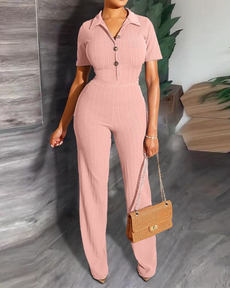 

Buttoned Top & High Waist Pants Set, Pink