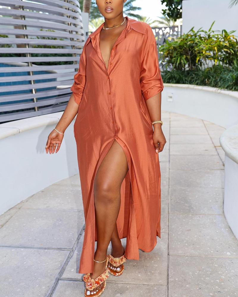 

Roll Up Sleeve Buttoned Slit Shirt Dress, Orange