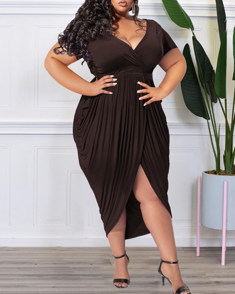 

Plus Size Short Sleeve Ruched Asymmetrical Dress, Coffee