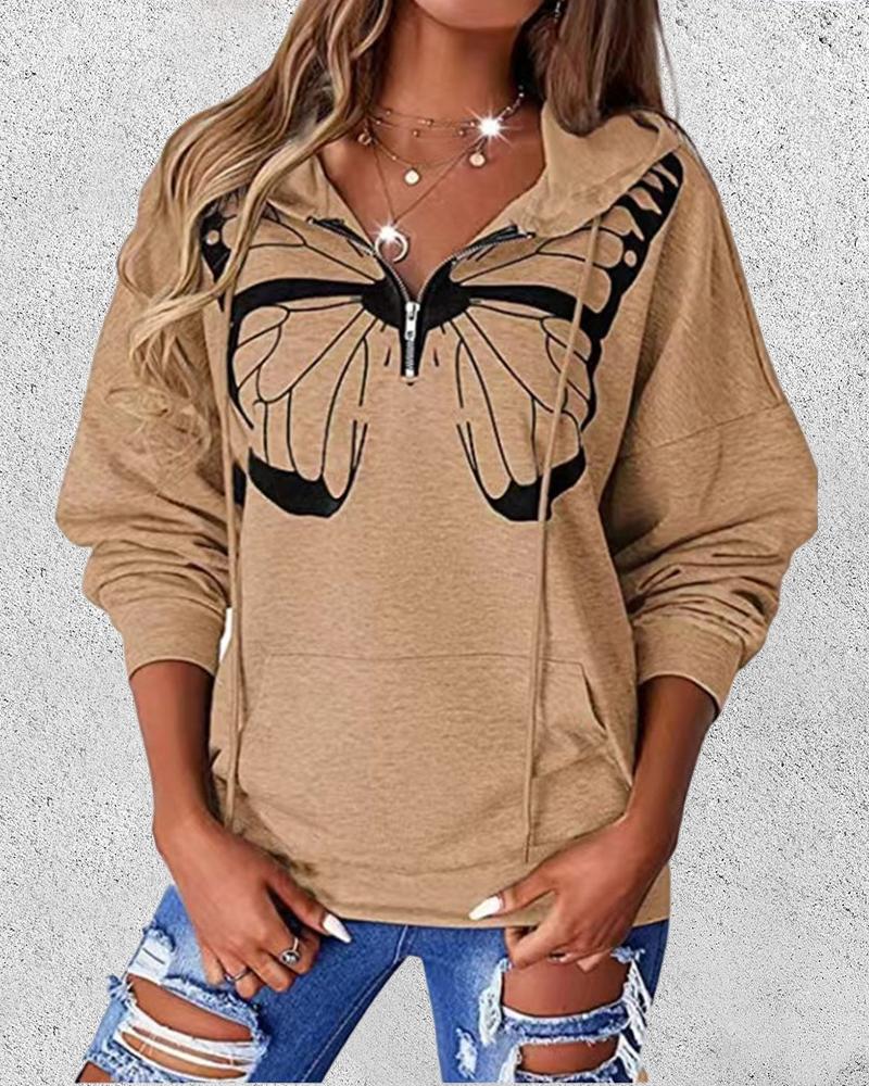 

Butterfly Print Zip Front Drawstring Hoodie, Khaki