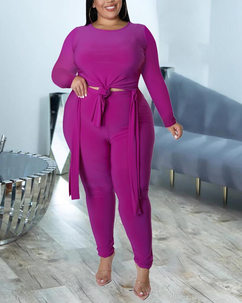 

Plus Size Tied Detail Asymmetrical Hem Top & Pants Set, Purple