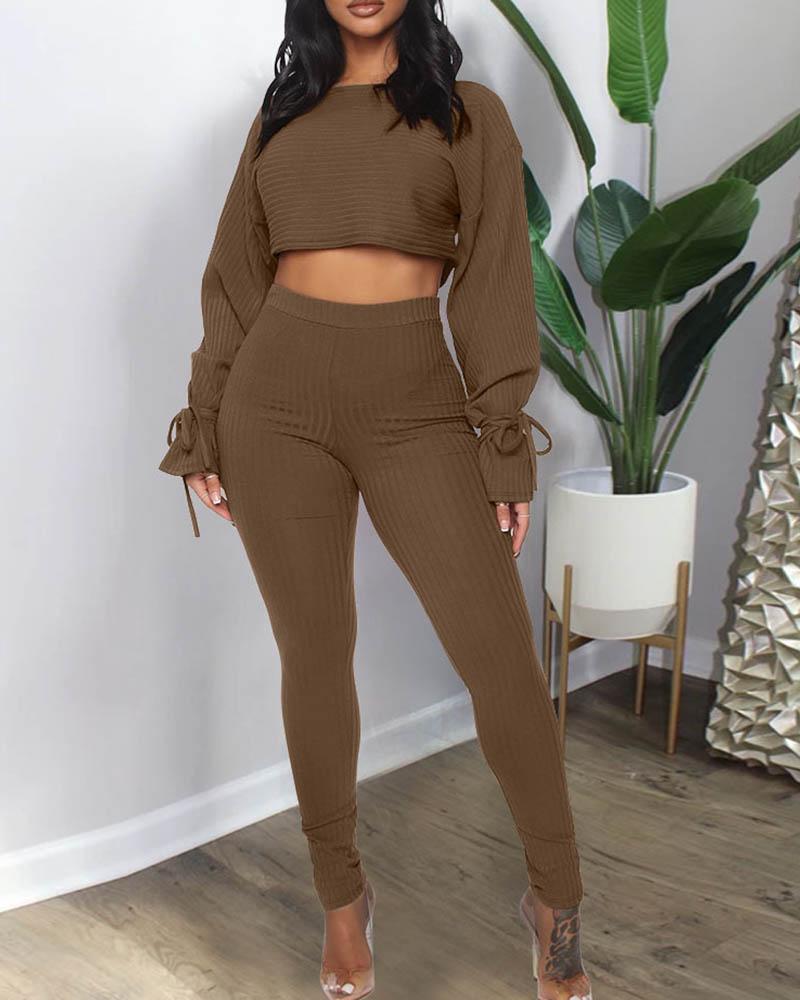 

Solid Ribbed Bell Sleeve Crop Top & Pants Set, Coffee