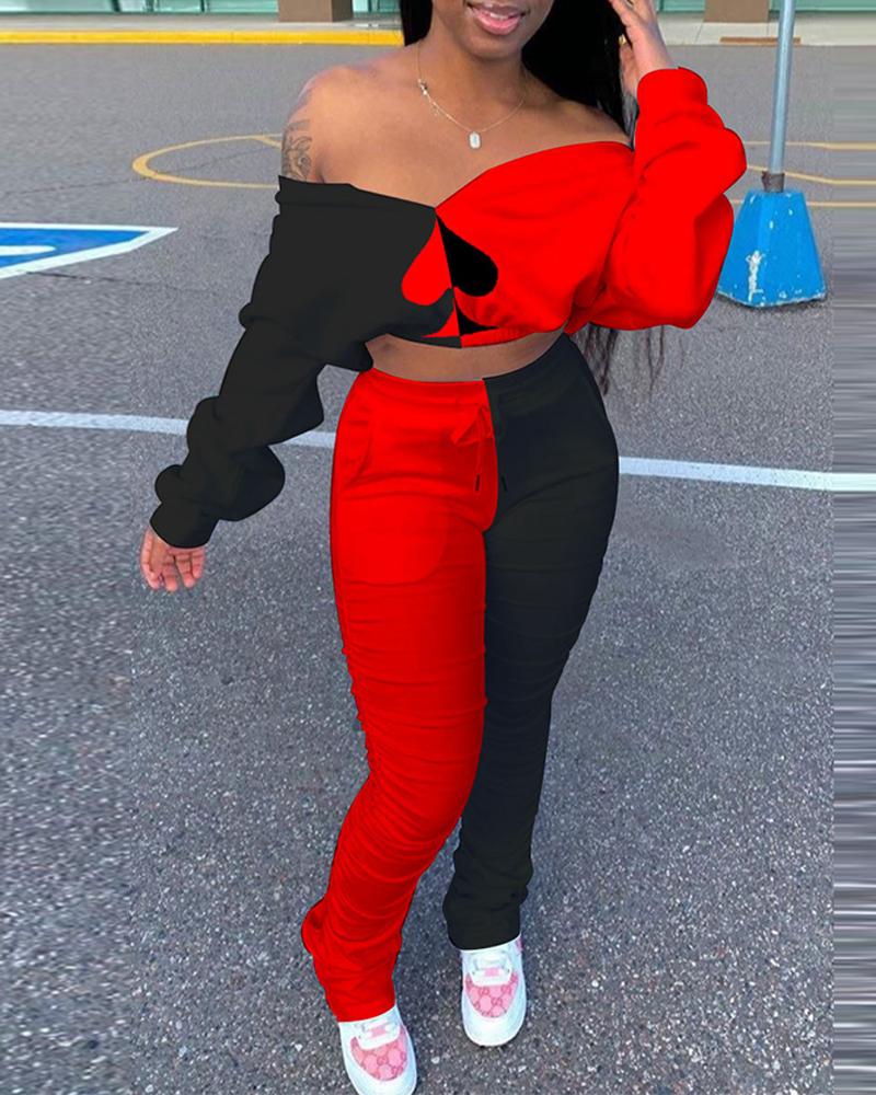 

Color Block Long Sleeve Suit Sets, Red