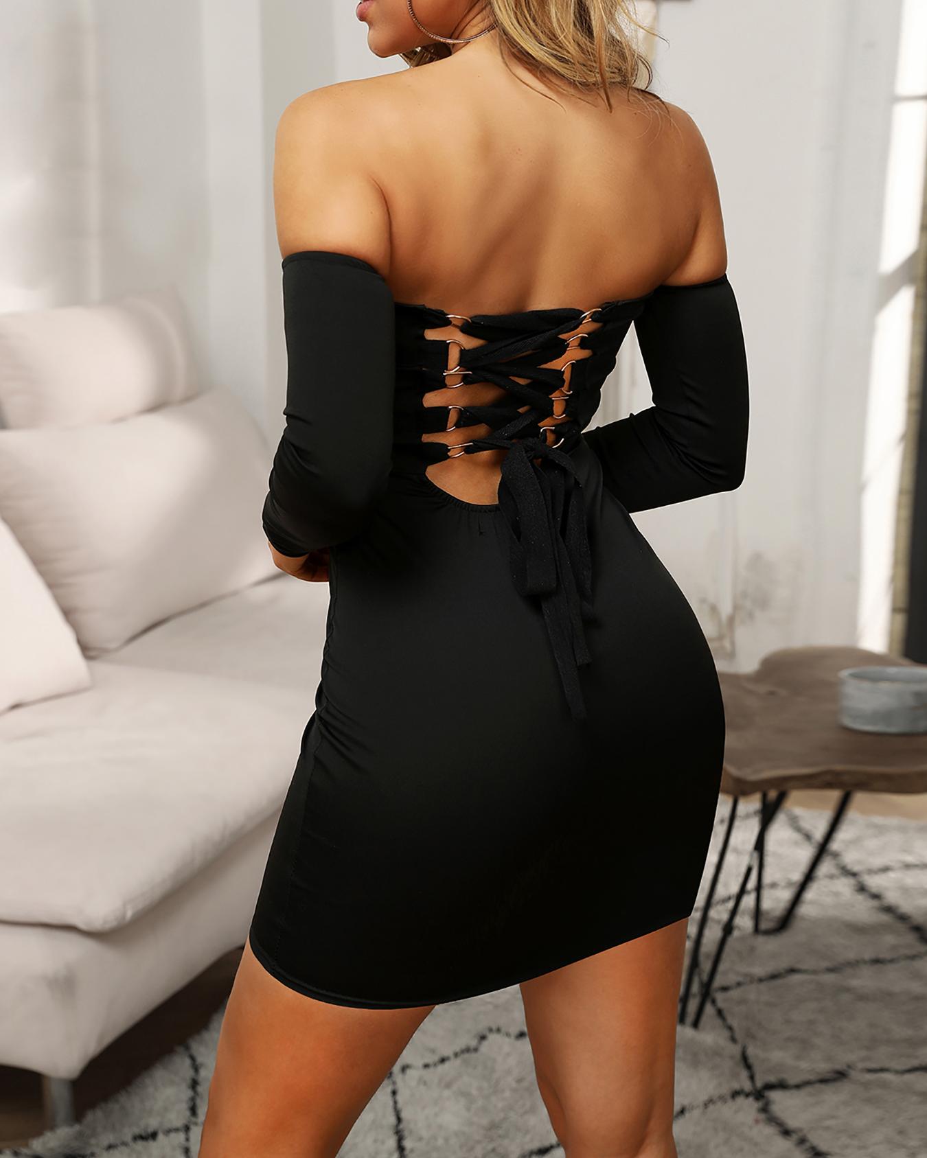 

Off Shoulder Lace Up Backless Bodycon Dress, Black