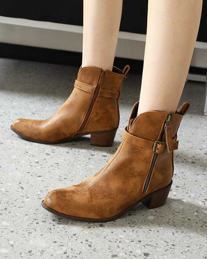 

Round-toe Solid Color Or Snakeskin Print Biker Boots, Brown