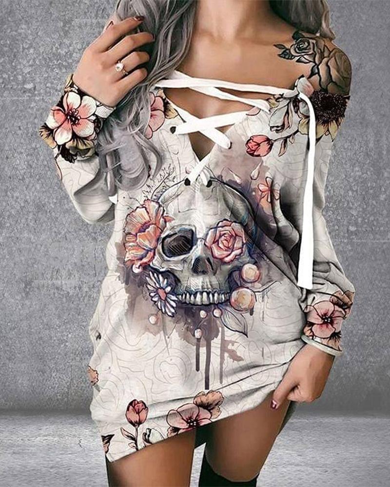 

Halloween Skull Print Eyelet Lace-Up Sweatshirt Dress, Style3