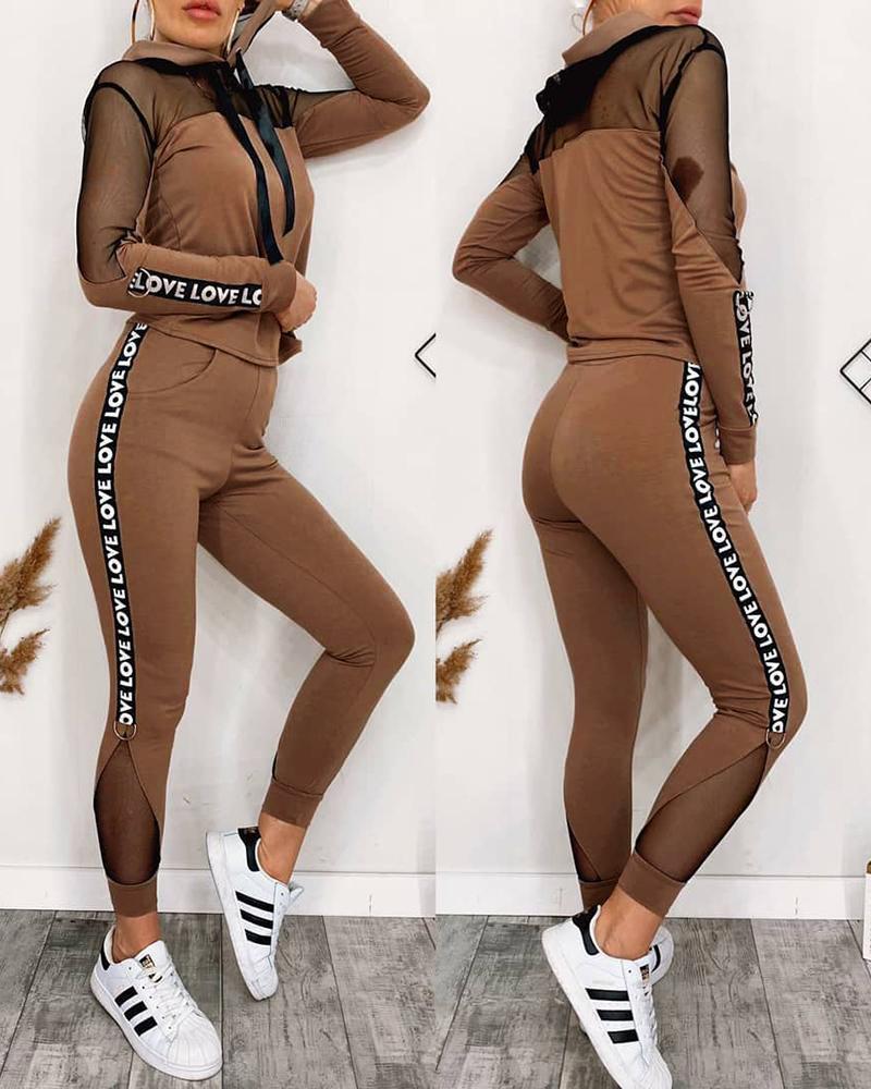 

Letter Print Ribbon Sheer Mesh Hooded Top & Pants Set, Brown