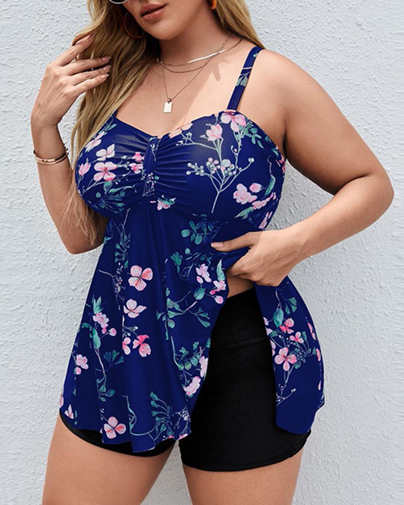 

Plus Size Floral Print Drawstring Tankini Set, Purple