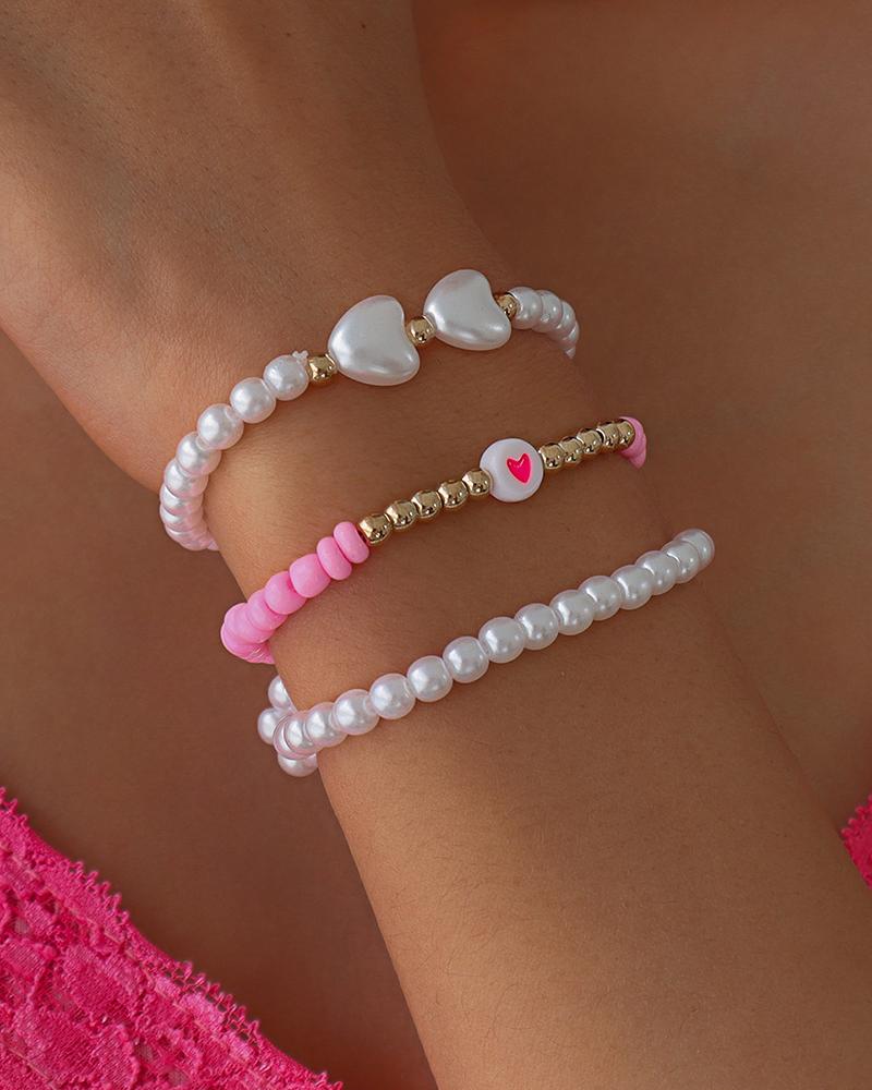 

3PCS Heart Pearls Beaded Bracelet Set, Pink